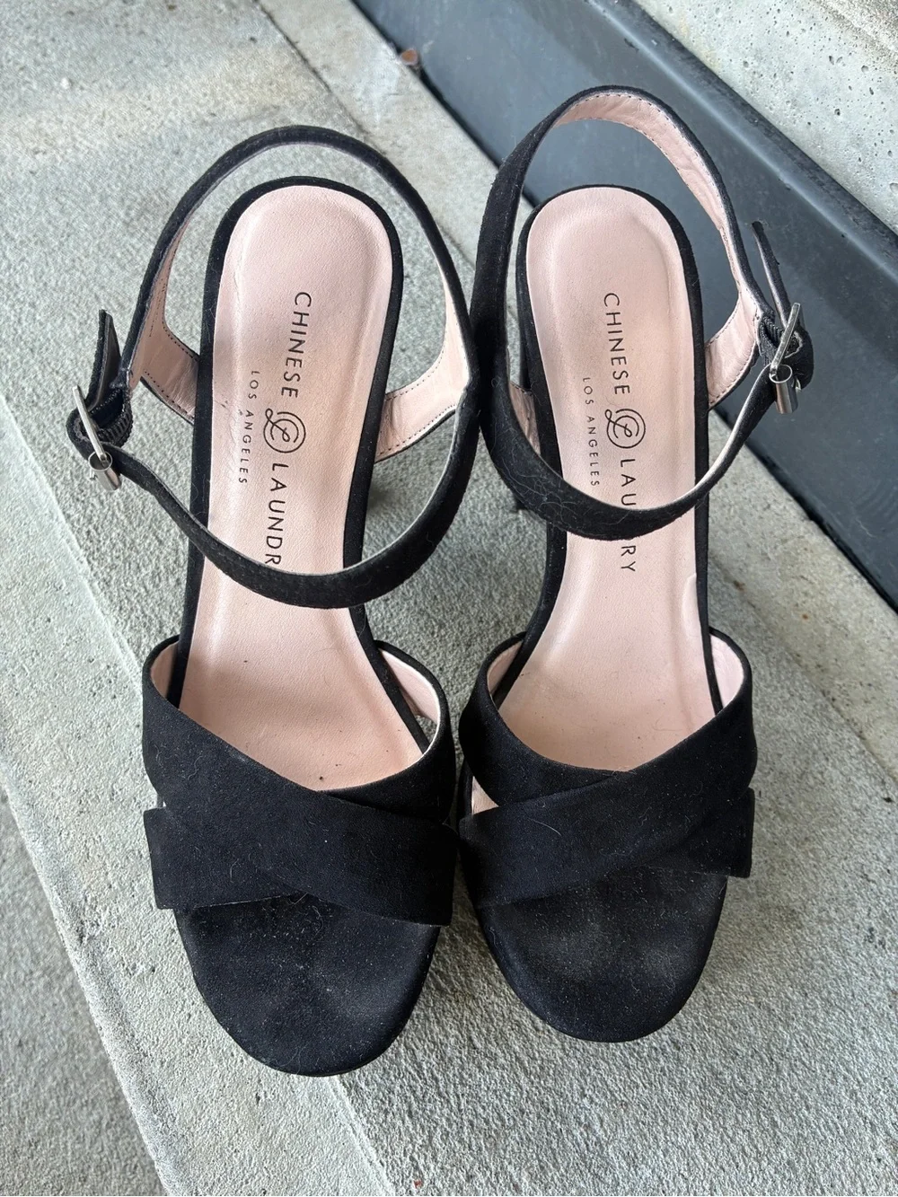 Chinese Laundry Always sandals, black suede platform 4” block heels